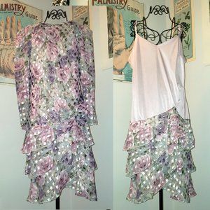 SOLD Vtg 80sGolden Girls Flapper Midi Dress & Blouse Set Silky Frilly Ruffles L